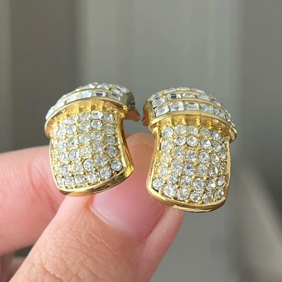 Vintage Christian Dior Rectangular Rhinestone Pavé Hoop 14k Gold Post Earrings - Picture 8 of 12
